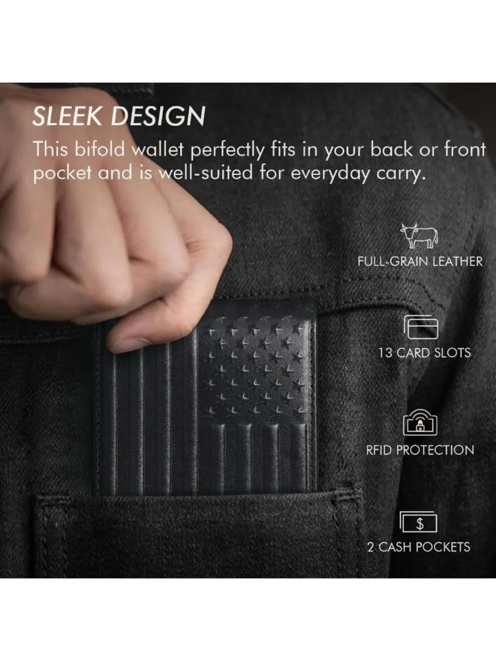 Men's RFID Blocking Bifold Wallet - Full Grain Leather, 2 ID Windows, 13 Card